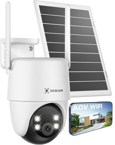 COCOCAM 24/7 Enregistrement AOV Camera Surveillance WiFi Exterieure sans Fil, Batterie 10000mAh Panneau Solaire 8W, 2K PTZ, Détection IA, Suivi par l'IA, Vision Nocturne 30 Mètres