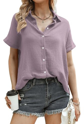 Aottori Camicetta Donna Cotone con Scollo a V Camicia Estivo a Maniche Corte Blusa Elegante con Bottoni Shirt Oversize Tinta Unita Classico Tops Casual Viola S