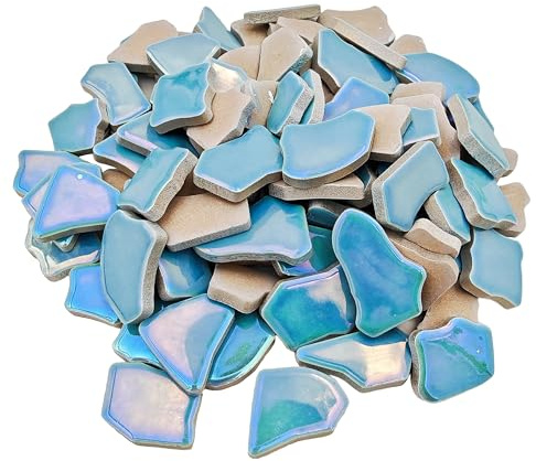 Unregelmäßige Keramik-Mosaikfliesen, 1,7 - 3,9 cm, 500 g, Keramik-Mosaikfliesen zum Basteln, Keramik-Mosaikstücke für Heimdekoration oder Bastelarbeiten, Mosaik-Zubehör (schillerndes Perlenhimmelblau)