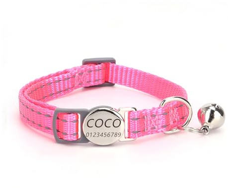 Katzenhalsband Haustierhalsband mit Gravur, personalisiertes Katzen und Hundehalsband mit Sicherheitsverschluss, individuelle Halsbänder mit Glöckchen für Katzenjungen mädchen (Rosa)