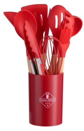 Ustensiles de cuisine en silicone avec manche en bois et spatule antiadhésive (rouge)