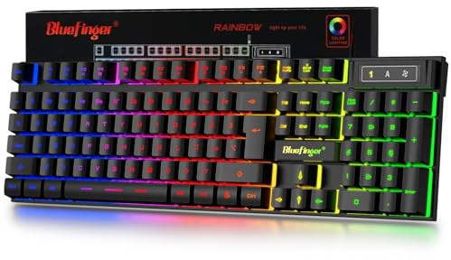 BlueFinger Clavier de jeu filaire USB pleine taille, clavier rétroéclairé arc-en-ciel avec touches multimédia, frappe silencieuse pour PC Windows et ordinateur portable