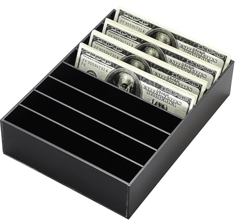 Hipiwe Cash Storage Tray Money Organizer for Cash with Removable Dividers Black Acrylic Mail Holder Desk Holder Cash Stuffing Tray for Envelop Mail Money, 8 Slots