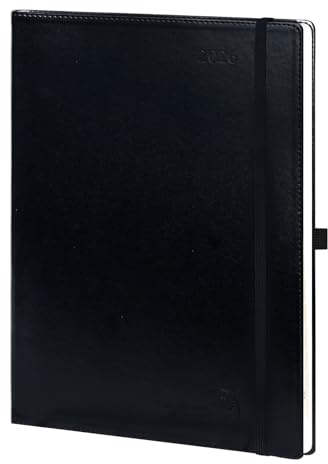 POPRUN Terminplaner 2026 A4 auf Deutsch - Wochenplaner mit 15-Minuten-Taktung & Monatsregister. Kalender 2026 Buchkalender mit PU-Leder Softcover - Schwarz