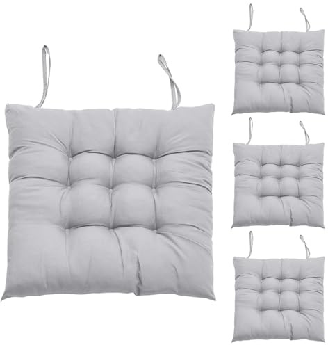 Hengrongshen 4 Stück Stuhlkissen Silber-Grau, 40x40cm, Sitzkissen Stuhl mit Bändern, Sitzkissen Outdoor & Indoor für Bürostuhl, Balkonstuhl, Sitzpolster