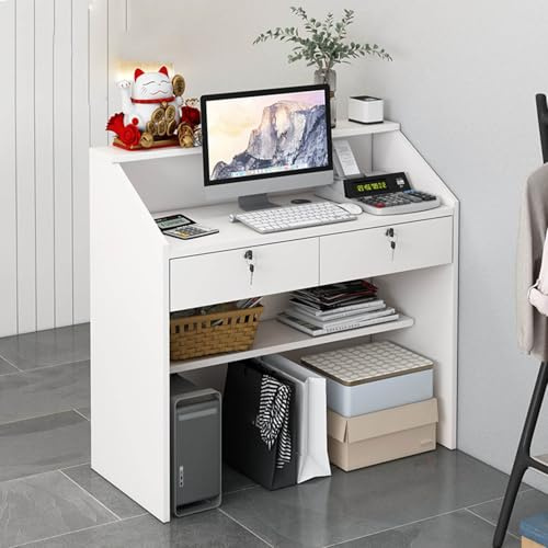 Comptoir de Réception,Petit Comptoir d'accueil avec Comptoir,Comptoir Caisse avec Tiroirs Verrouillables, Bureau de Reception avec Rangement - Blanc