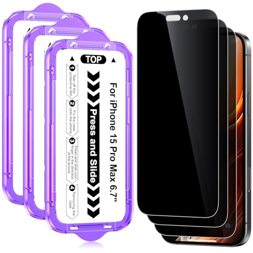 Ksleri 3 Pezzi Privacy Pellicola Protettiva per iPhone 15 Pro Max 6,7 Pollici, Anti-Spy Vetro Temperato 9H con Strumento di Auto-Installazione Facile, Vetrino Protezione Film Anti-Spia 25°