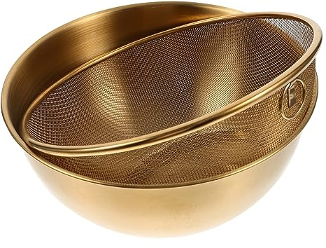 GLEAVI 1 Set Stainless Steel Colander Set with Bowl Mesh Strainer for Fruits Vegetables Wear Resistant Fast Drainage for Kitchen Outdoor Use Set Gold