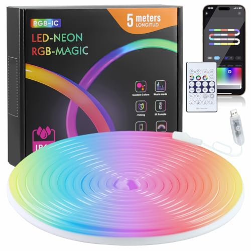 5m Neon Led Strip, 5V RGB mit IC LED Wasserdicht Flexible Neon Rope Lights mit USB-Anschluss, Controller, APP Intelligente Steuerung für Schlafzimmer, Wohnzimmer und Außendekoration