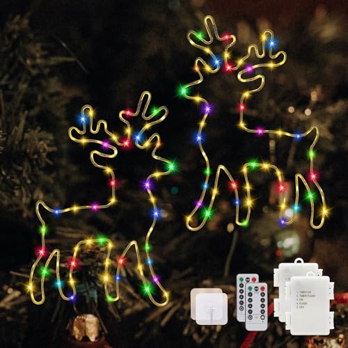 Beleuchtet Rentier Weihnachtsdeko Mit Timer,120 LED Bunt Fenster Beleuchtung Lichterketten mit Fernbedienung-8 Modi-für Weihnachten, Halloween,Vorhang, Balkon, Hochzeit (2 Stück)