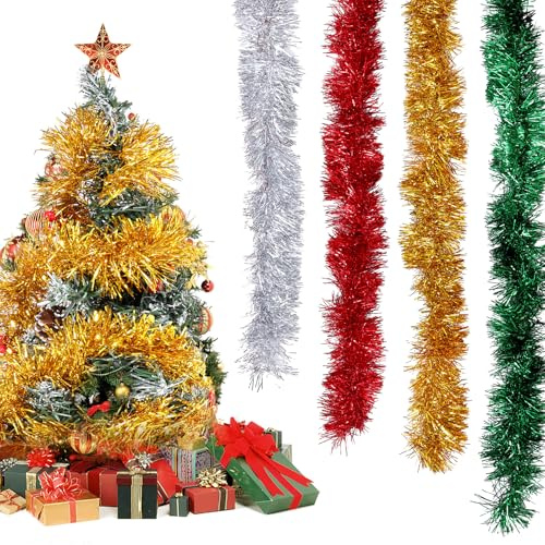 RAYITO 8 Pieces 16M Christmas Tinsel Garland, Christmas Tinsel Ribbon Red Green Gold Silver Tinsel Craft Decoration Glitter Ribbon for Christmas Tree Decorations(4 colors 16M)