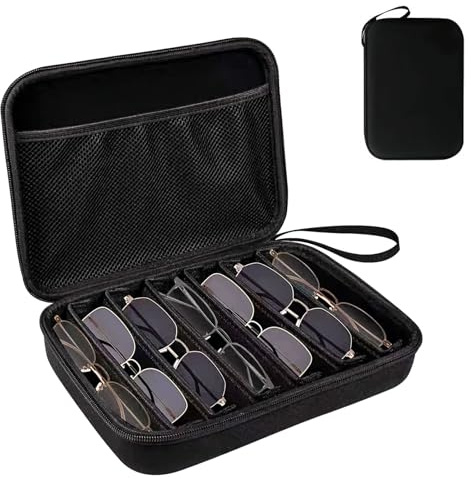 Brillenbox für Mehrere Brillen - Sonnenbrille Aufbewahrung Organizer für bis zu 7 Brillen, Halter Sunglasses Organizer, Tragetasche für Männer Frauen Einstellbare Fächer, Brillenaufbewahrung, Schwarz