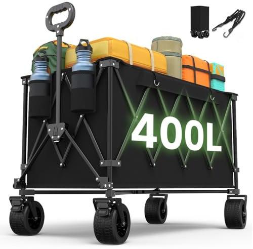 YADEZZN 400L Festival Trolley on Wheels, Super Large Capacity Camping Cart, 10cm Wide Wheels, Portable Folding Wagon for Beach, Picnic, Shopping, Fishing