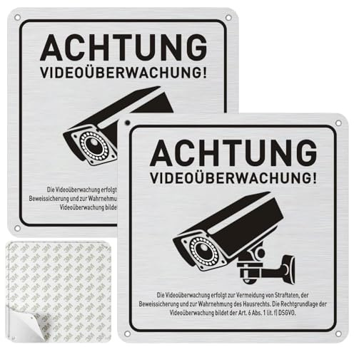 2 Stück Achtung Videoüberwachung Schild – Aluminium 15 x 15 cm, DSGVO/Datenschutz Hinweis, Wetterfest UV-beständig, Selbstklebend & mit Bohrlöchern, Warnschild für Privatgrundstück außen