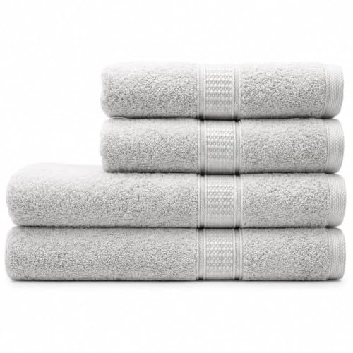 Harmatex 4 teiliges Premium Badetuchset - 100% Baumwolle 550 g/m² - ÖKOTEX Zertifiziert, weich saugstark, 2X 70X140cm, 2X 50X100cm, 2 Aufhänger, Hellbeige (Light Beige)
