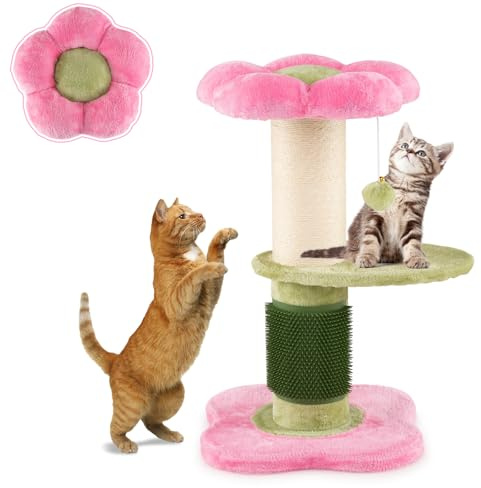 GYMAX Árbol para Gatos, Torre Multinivel para Gatitos de Interior 69 cm con Percha Acolchada en Forma de Flor, Poste Rascador de Sisal, Peine, Bola Colgante, Escalada (Rosa+Verde)