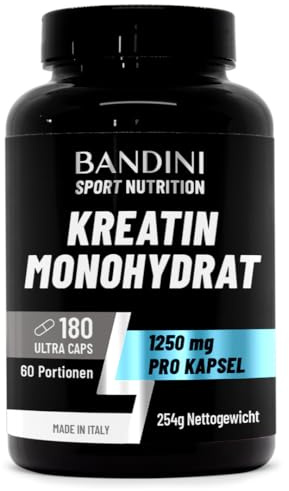 Bandini® Kreatinmonohydrat 180 kapslar, 3000mg per portion - Kreatin Monohydrat för Pre Workout och Gym - Högdos 100% rent Creatine Monohydrate, mikroniserat kreatinkapslar med kreatinpulver - Vegansk