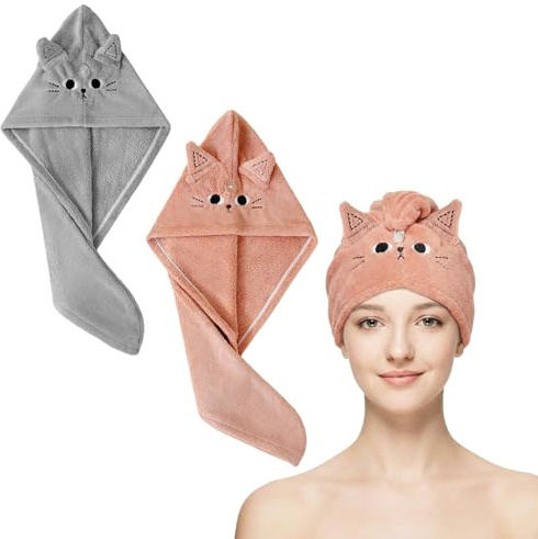 ASFWAGQ 2 Stück Mikrofaser Haartuchwickel Schnelltrocknend Haarturban Absorbierender Haartuch Niedlich Hair Plopping Towel Curly Dunkelrosa Grau Katze für Frauen Mädchen