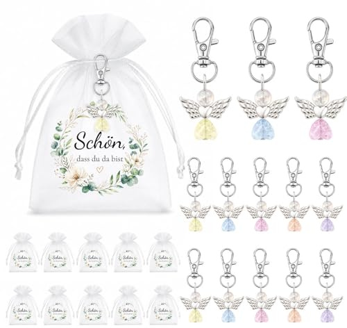 WALLFID 30 Stück Gastgeschenke Organzabeutel mit Engelanhänger 5 Farben, Geschenktüte mit Spruch für Hochzeit Taufe Kommunion Mitgebsel Danksagung