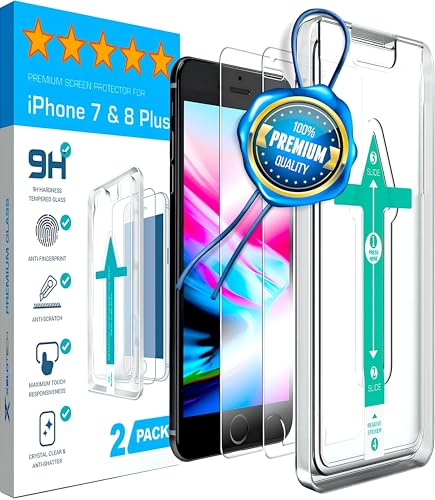 XeloTech Schutzglas für iPhone 8 PLUS /7 PLUS (2 Stück) mit Schablone zur Positionierung - 9H+ Glashärte, Displayschutzfolie, Schutz Folie