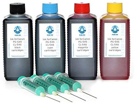 Pure Ink Tinten-Set kompatibel mit Canon PG-545 CL-546, 4 x 100 ml | Mehrfarbiges Nachfüllset für leere Patronen und Tanks, abgestimmte Tinten für Dokumente, Grafiken und Fotos