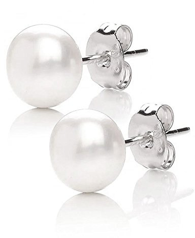 MABELLA 925 Sterling Silver AAA Genuine Freshwater Cultured Pearl White Button Stud Earrings Jewelry Gifts for Women 7mm