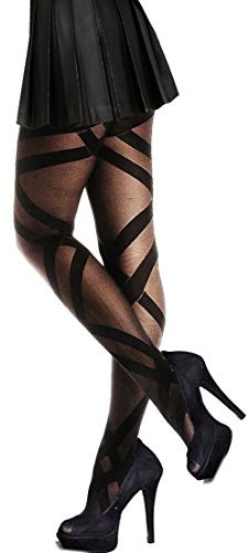 PrettyLoveHose Collant Voile Noir Effet Jacquard Rubans Fantaisie,Noir,Taille unique (36-38-40) T1 à T3