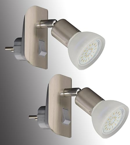 Trango 2er Pack 11-242 LED Steckerlicht in Nickel matt mit Glasschirm Steckerleuchte inkl. je 1x GU10 LED Leuchtmittel 3000K warmweiß & Kippschalter Leselampe, Küchenlampe, Steckdosenlampe, Wandlampe