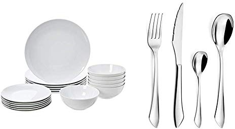 Amazon Basics Service de table 18 pièces - Porcelaine blanche coupée, pour 6 personnes & Amefa Instinct Ménagère 24 pièces - Coffret 6 personnes, Acier inoxydable, Finition brillante, 13,7x7x26,5cm