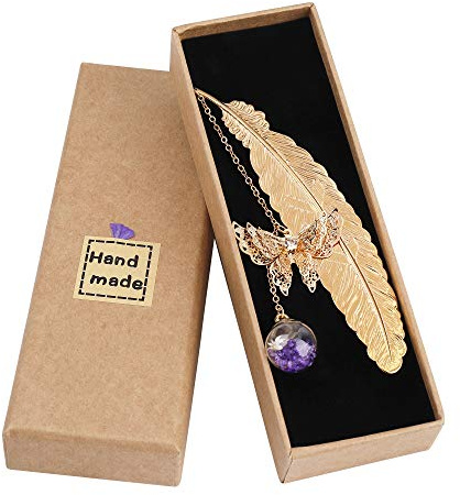 QH-Shop Metall Feder Lesezeichen mit Elegant Schmetterling und Glasperlen Ewige trockene Blume Anhänger für Erwachsene, Kinder und Studenten