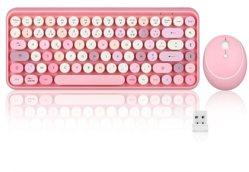 Perixx PERIDUO-713 - Juego de miniteclado y ratón inalámbrico, USB, 2,4 GHz, Teclas de Estilo Retro Redondeadas, Color Rosa Pastel y AZERTY