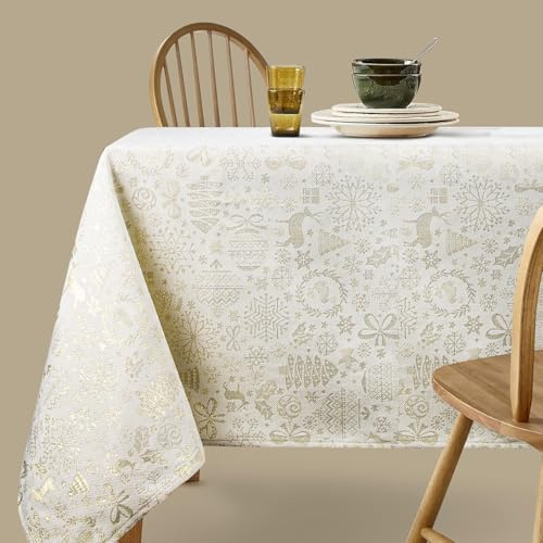 Viste tu hogar Mantel Navidad Hilo Dorado, Especial para Decoración Navideña y Cenas Familiares, etc, Diseño Moderno y Elegante, Fabricado en España, Beige Navidad, 140x250cm