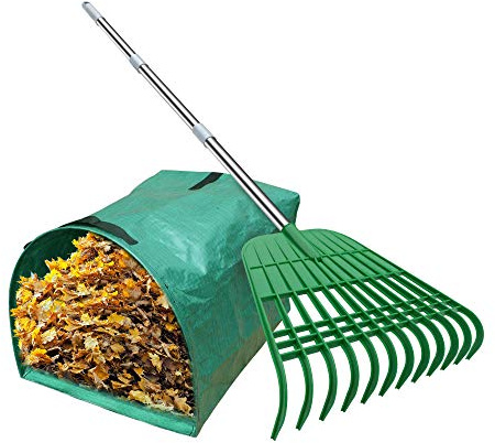 Gardzen 12 Tines Gardening Leaf Rake, Lightweight Steel Handle, Detachable, Ideal Camp Rake, Comes with Dustpan-Type Garden Bag