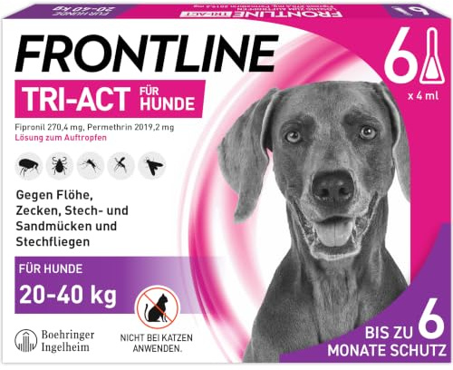 FRONTLINE TRI-ACT Hund L gegen Zecken, Flöhe & Mücken (20 bis 40 kg) | 6x Pipetten für bis zu 6 Monate Schutz - wasserfest - perfekt auf Reisen - beugt Leishmaniose vor - für große Hunde