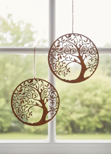 2er Set Baum Lebensbaum Rost Dekohänger Anhänger Hängedeko Herbst Winter Frühling Sommer Baum Fenster Eingang Tür Dekoration