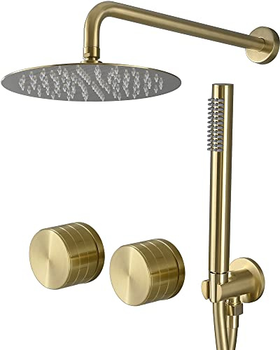 TRUSTMI Sistema de ducha de lluvia de latón de 10 pulgadas con juego de grifo de ducha de mano, kit de adornos con válvula rugosa incluida, oro cepillado