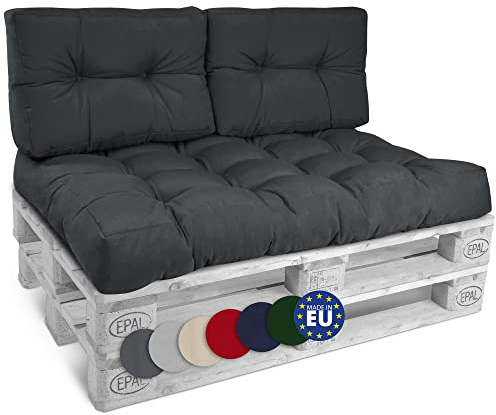Beautissu Set de 3 Coussin Palette Style – 1x Coussin d'assise 120x80 cm & 2X Coussin Dossier canapé 60x40 cm Coussin Lounge Extérieur & Intérieur pour Salon Lounge Jardin Outdoor – Gris Graphite