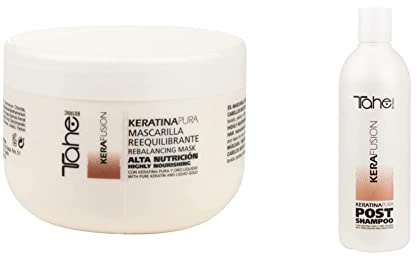 Tahe Kerafusion Mascarilla De Pelo/mascarilla Capilar Reequilibrante Con Queratina Pura + Kerafusion Champú Post Alisador Fibra A Fibra Con Keratina Pura Y Oro Líquido