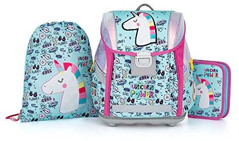 OXY BAG Schulranzen PREMIUM LIGHT 3er-Set, Silber | Ultraleichter Tagesrucksack mit Unicorn-Motiv | Federtasche & Hausschuhsack, 27L | Reflektierende Elemente, Atmungsaktiv, für Schulkinder