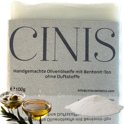 CINIS Jabón de aceite de oliva orgánico con arcilla de bentonita - Jabón natural hecho a mano%100 sin fragancias para pieles sensibles - e100g
