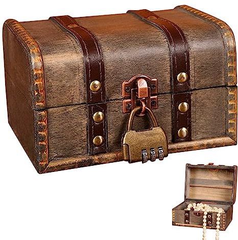 Sporgo Coffre au Trésor en Bois pour Anniversaire d'Enfant - Boîte Vintage Verrouillable avec Serrure à Combinaison 16 x 12 x 9,5 cm
