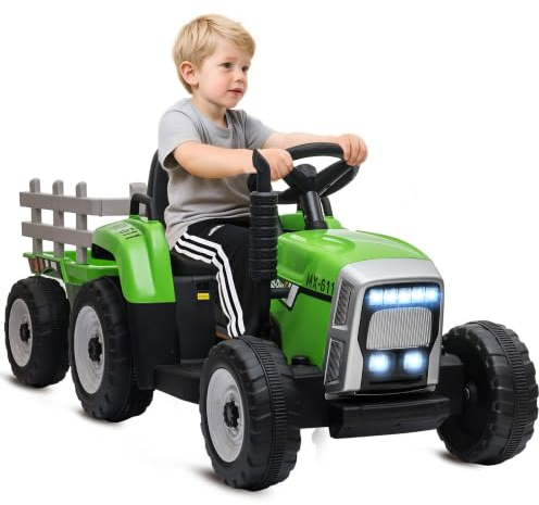 HOMCOM Electric Ride on Tractor and Trailer 12V for Ages 3-6 Years Green | Kids Electric Car, Detachable Trailer, Parent Remote Control, Music, USB, Horn, Lights