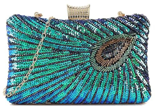 UShopUK påfågel paljett pärlband vintage hårt fodral brud bal bröllop kväll koppling fest handväska, Påfågel
