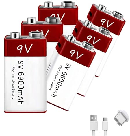 WILLQ Paquete baterías Litio Recargables 9V batería Iones Litio 6900mAh y 9 voltios con Cable Carga USB para Guitarra eléctrica/micrófono/Alarma de Humo/Detector y más,9v6900mah 6pcs