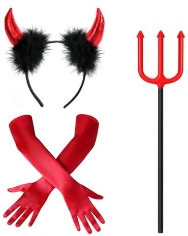 Sprinlot Rote Handschuhe Damen,Teufel Handschuhe Haarreif Dreizack Set, 1920er Jahre Kostüm Zubehör Damen, Accessoire Handschuhes für Karneval Fasching Party Cosplay