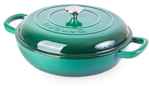 Shallow Cast Iron Casserole with Lid – Non Stick Dutch Oven Pot, Oven Safe up to 500° F – Sturdy Ovenproof Stockpot Cookware – Enamelled Cooking Pot – Dark Green, 5-Quart, 32cm – by Nuovva