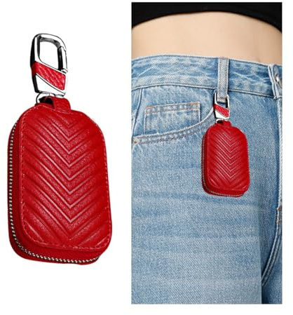 CGEAMDY Autoschlüssel Hülle, Autoschlüsselanhänger-Halter Smart Protector Cover, Leder Autoschlüssel Smart Keychain Halter Mit Reißverschluss Und Metallhaken(Rot)