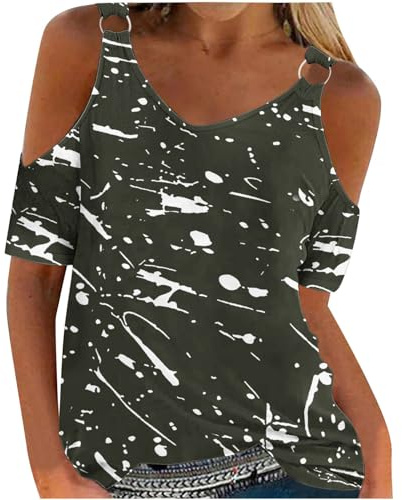 HAOLEI Today Deals Cold Shoulder Tops for Women UK Elegant Sexy Floral Dressy Top Summer Off The Shoulder T-Shirt V-Neck Short Sleeve Tee Shirts Cute Vintage Print Boho Going Out Blouse Tunic