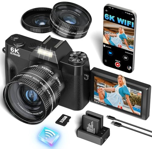 VJIANGER 2025 Upgrade 6K Digital Camera for Photography, 64MP Vlogging Camera for YouTube with WiFi, 180° Flip Screen, 16x Digital Zoom, 52mm Lens, 32GB Micro SD Card, 2 Batteries