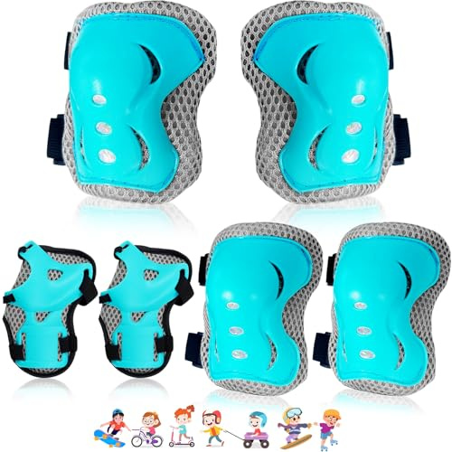 Knieschoner Kinder 6 in 1 Schoner Inliner Kinder Schützer Inliner Kinder Schutzausrüstung Set Verstellbar Knieschützer Ellenbogenschützer Handgelenkschützern Protektoren für Skateboard Roller Skaten